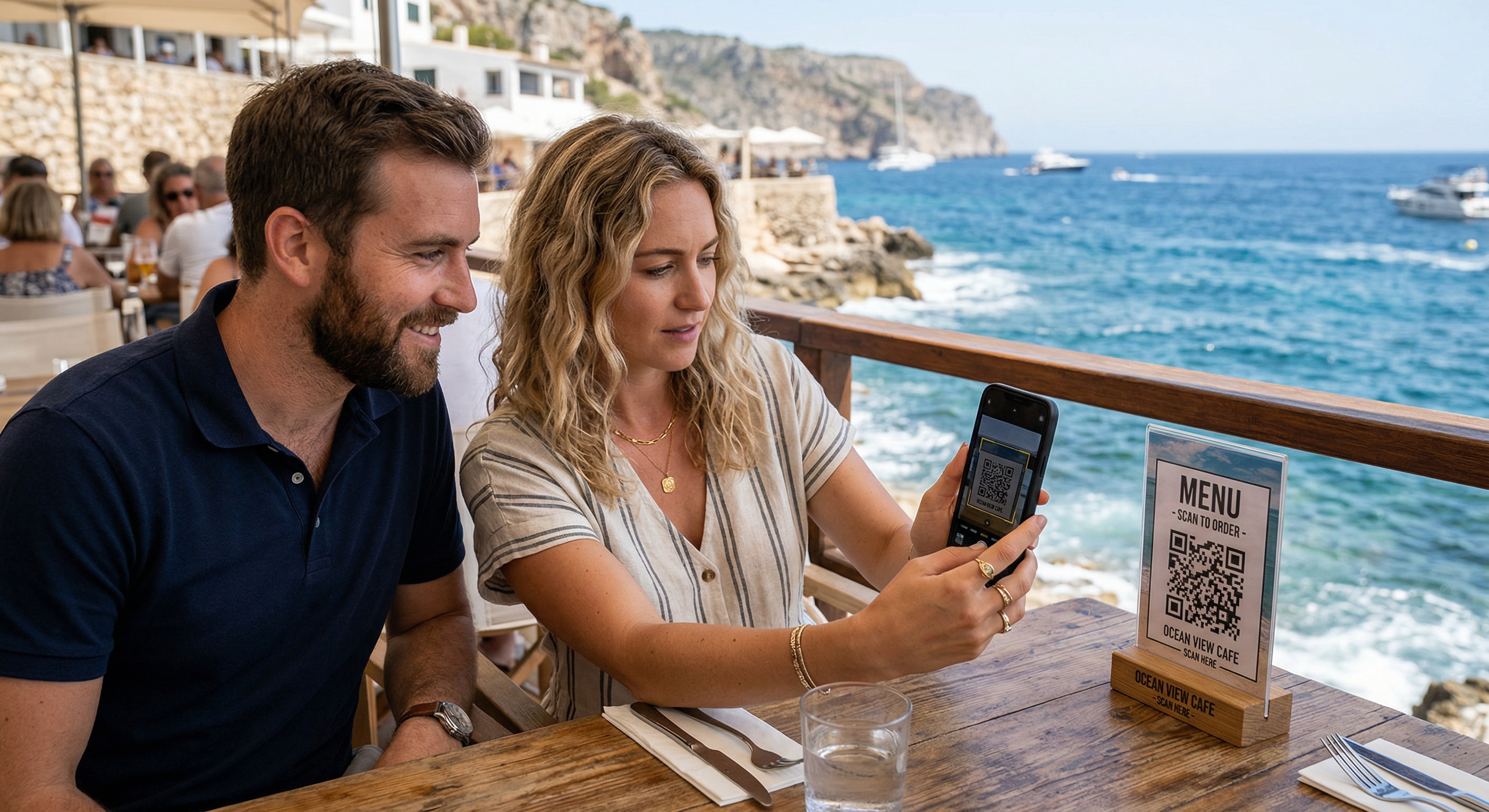 Klientë duke skanuar QR kodin e menusë në restorant