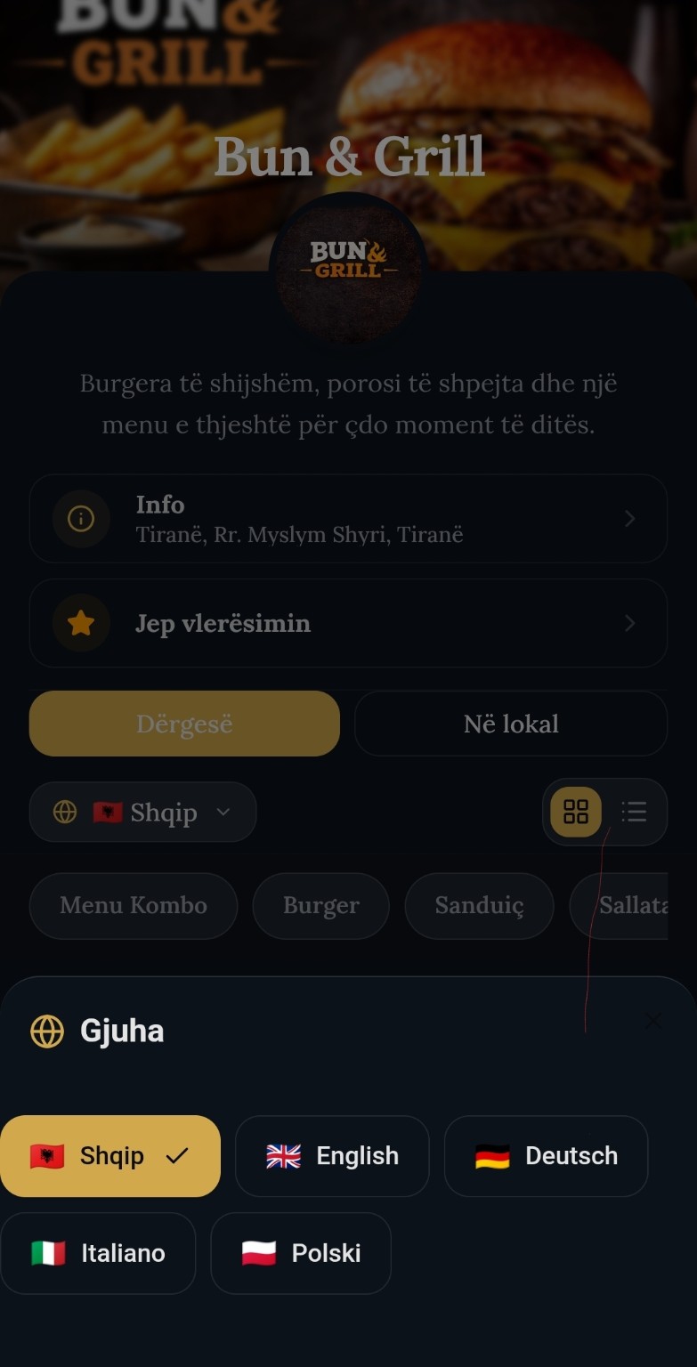 Shembull i menusë së përkthyer në gjuhë të ndryshme
